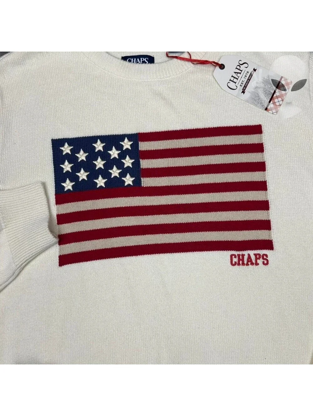 Chaps Mens American Flag Crewneck Sweater Cream Cotton Size XL New